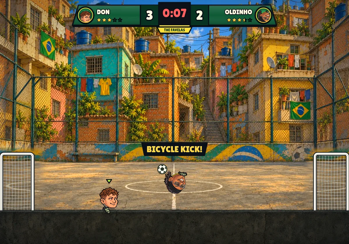 HEADS gameplay: Oldinho pulls off a bicycle kick on the concrete cage pitch in the Favelas